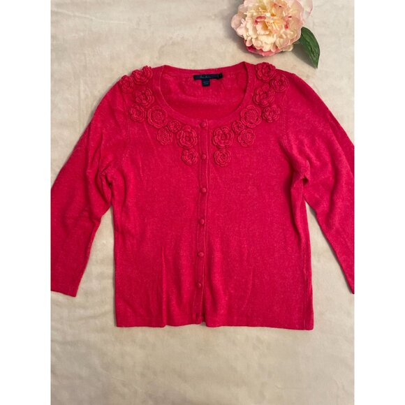 Vintage Boden Womens Embellished Rose Cardigan Size L Red 3/4 Sleeve Button - Picture 2 of 10